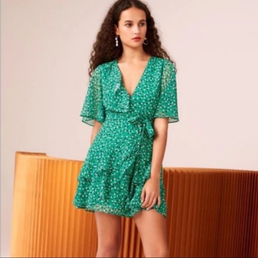 C/MEO Collective Loyalties Green Ruffled Wrap Mini Dress